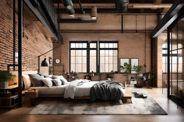 A modern loft bedroom with  brick walls and industrial elements.