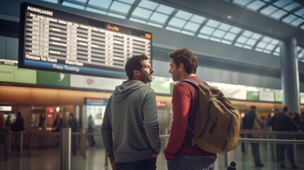 Two friends in airport looking to flight timetable
