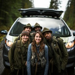 Fototapeta premium AI generated illustration of a young female and her male friends posing in matching hiking outfits