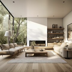 AI generated illustration of an interior of a modern living room with white wooden furniture