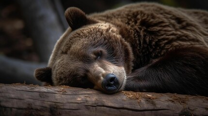 Brown bear resting peacefully on a large log, giving the impression of a deep slumber. AI-generated. - obrazy, fototapety, plakaty