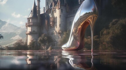 Silver high heel shoe against the backdrop of a castle. Fairytale atmosphere. AI-generated.