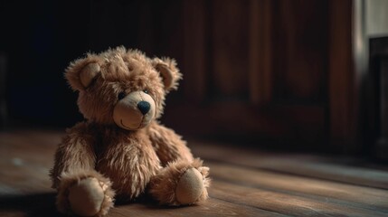 Brown plush Teddy Bear sitting on a dark surface, AI-generated.