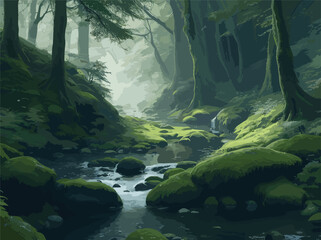 Visualize an intricate vector scene of a forest glade with a sense of magical realism, where the stream flows through a carpet of luminous moss, and the trees seem to whisper ancient secrets to those © Nadula
