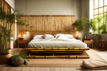 A zen-inspired bedroom with bamboo furniture and soothing colors.