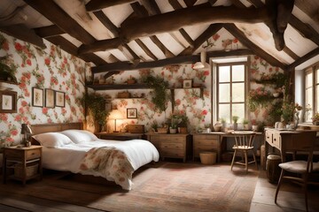 A cottagecore bedroom with floral prints and rustic charm.