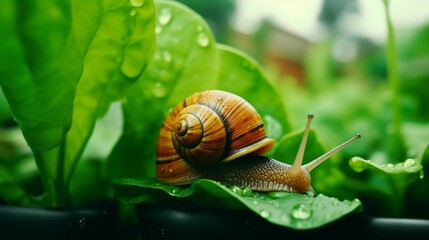 AI generated illustration of a snail perched on the edge of a green leaf