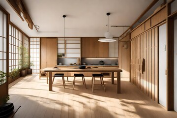A Japanese-inspired kitchen with tatami mats and sliding doors.