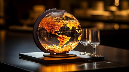 An illuminated globe sits atop a wooden table, with a glass of wine in front of it