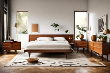 A mid-century modern bedroom with iconic furniture pieces.