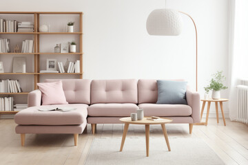 Fototapeta premium Cozy Minimalist Modern Living Room with Soft Couch and Complementary Accents 