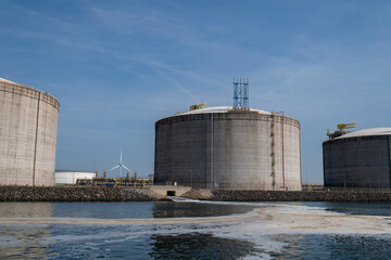 Liquified natural gas storage. LNG or LPG gas plant. Storage tanks for liquefied gas.