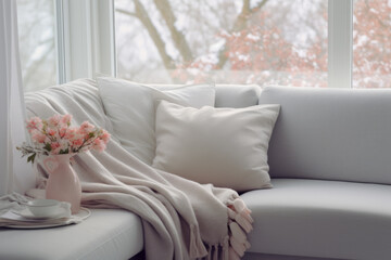 sofa and flowers, pillows and a blanket 