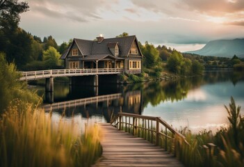 Obraz premium AI generated illustration of a picturesque bridge spans a tranquil river in front of a cottage