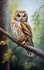 AI generated illustration of a majestic owl perched atop a tree branch
