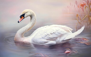 AI generated illustration of a graceful large white swan swims majestically in a tranquil lake