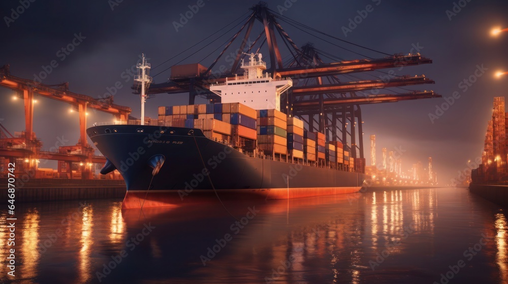 Wall mural Freight transportation with huge cargo ship at cargo port