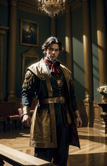 Tales of knights. A handsome noble medieval knight in armor stands in a castle