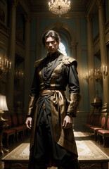 Naklejka premium Tales of knights. A handsome noble medieval knight in armor stands in a castle