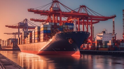 Naklejka premium Freight transportation with huge cargo ship at cargo port