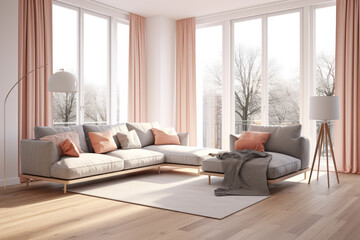 modern living room with a sofa woíndows, blankets, and pillows