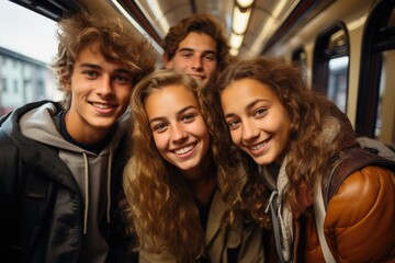 Friends - teen girls and boys, taking selfie picture together in train during joint trip. Happy smiling tourists or students.