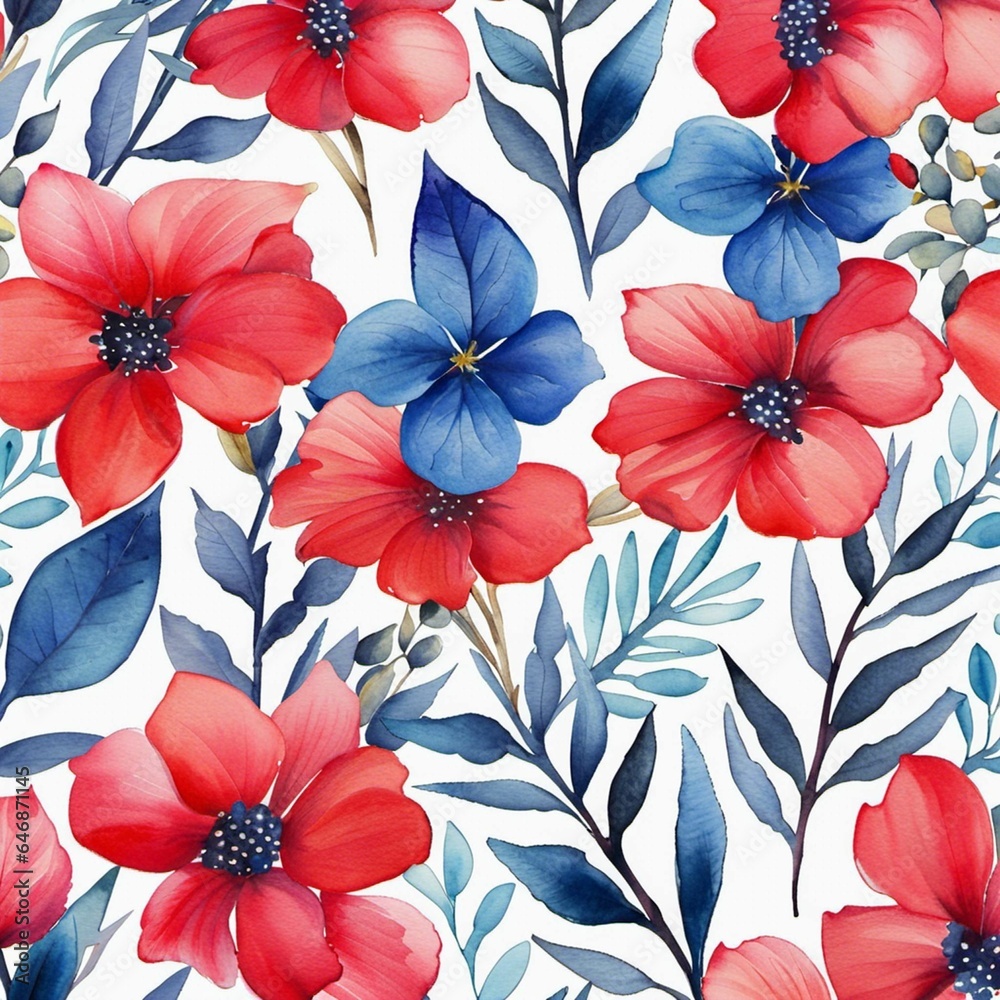 Sticker AI generated illustration of a vibrant watercolor seamless floral pattern  with red and blue flowers