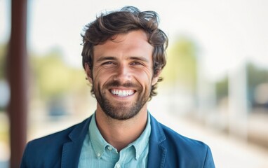 Obraz premium Cheerful businessman in office background