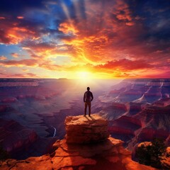 AI generated illustration of a man standing atop a rocky cliff against an orange and pink sunrise
