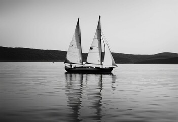 Fototapeta premium AI generated illustration of a sailboat sailing on water in grayscale