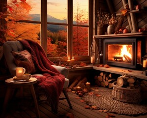 the cozy cabin with a fireplace, rocking chair and candles