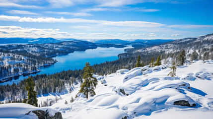 Fototapeta na wymiar Mountain view of beautiful lake in winter. Forest, ground covered in snow.