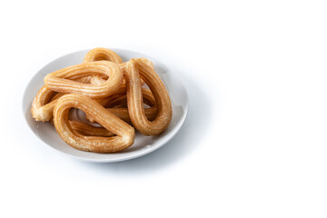 Traditional Spanish churros isolated on white background. Copy space