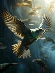 AI generated illustration of a beautiful bird flying in a serene area