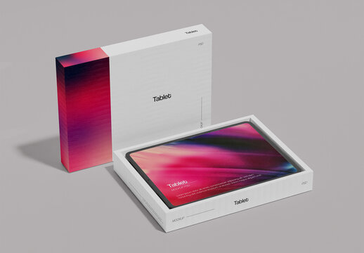 Tablet with Box Packaging Mockup