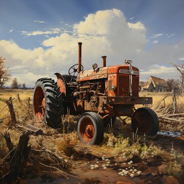 AI Generated Illustration Of A Vintage Red Tractor Parked In A Grassy Field Surrounded By Trees