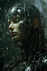AI generated illustration of a female dressed in a dark intricate robotic costume