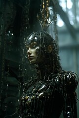 AI generated illustration of a female dressed in a dark intricate robotic costume