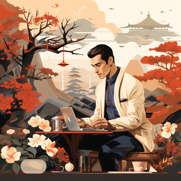 In a beautifully crafted Korean - inspired design, a vector illustration depicts a man diligently working, effortlessly blending elements of Korean aesthetics with a contemporary work setting