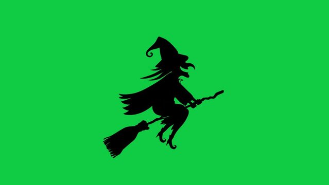 Halloween witch silhouette on broomstick flying on green screen animation, isolated motion design element, 4k chroma key loop
