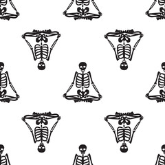 Human skeleton in yoga lotus pose, seamless pattern. Texture with meditating skeleton. Yoga relaxed asana or position. Halloween holidays element, pattern template on white background