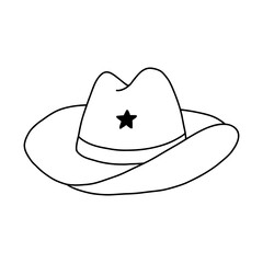 Cute hand drawn doodle of cowboy hat with outline. Sheriff hat with star in cowboy and cowgirl western theme. Simple colorful clipart with print for horse ranch and wild west style