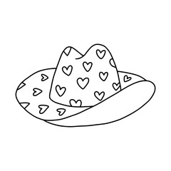 Cute cowgirl hat doodle with hand drawn outline. Sheriff girl hat with hearts print in cowboy, cowgirl western theme. Simple doodle for horse ranch and wild west style. Vector isolated clipart.
