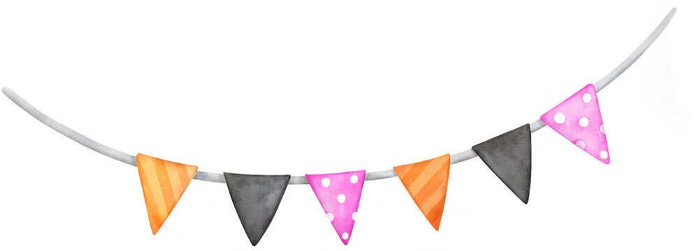 Watercolor Illustration Of Halloween Party Flags. Cartoon Illustration on a Transparent Background