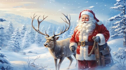 Photo of Santa Claus and a reindeer in a snowy landscape created with Generative AI technology