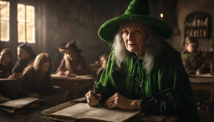 A witch in the classroom, sitting with a book - obrazy, fototapety, plakaty