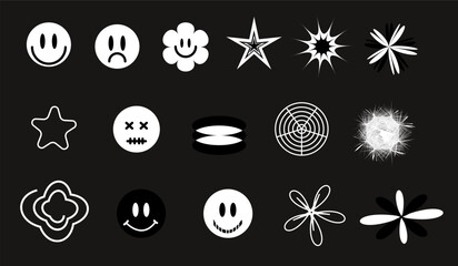 SET of BRUTALIST geometric shapes. Trendy abstract minimalist figures, stars, smiles, circles. Modern abstract graphic design elements.