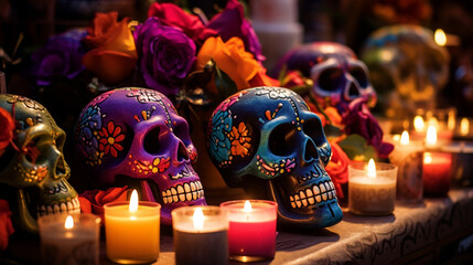 Fototapeta premium Decorated skull for Day of the Dead festival - ai generative