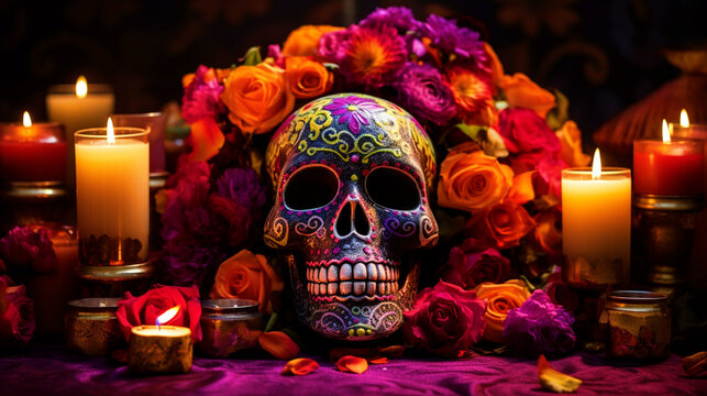 Decorated skull for Day of the Dead festival - ai generative
