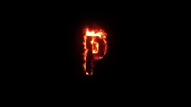 Letter P on fire. Realistic render. Seamless loop.